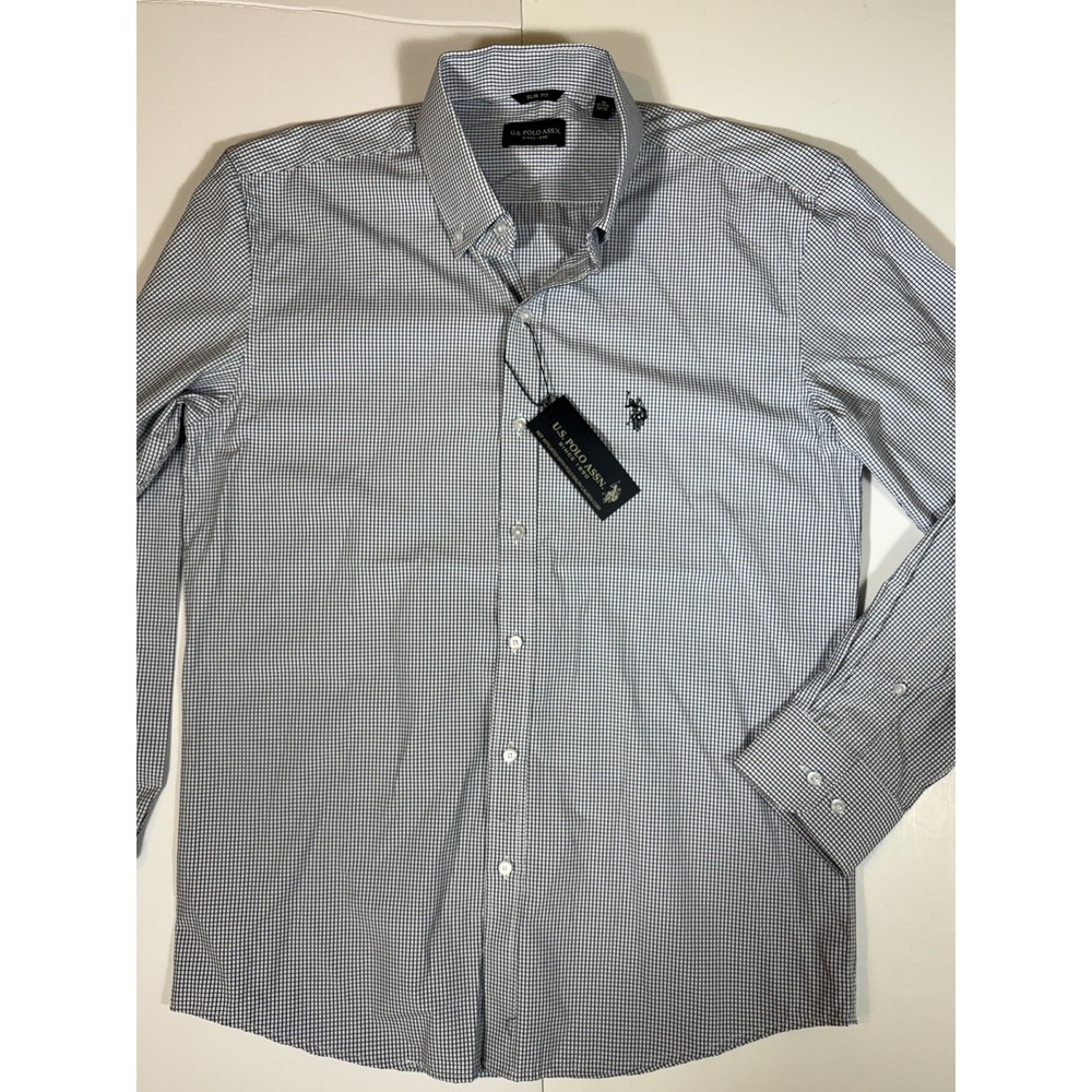 NEW U.S. Polo Assn. Men's M Slim Fit Long Sleeve Button-Up White / Dark Blue